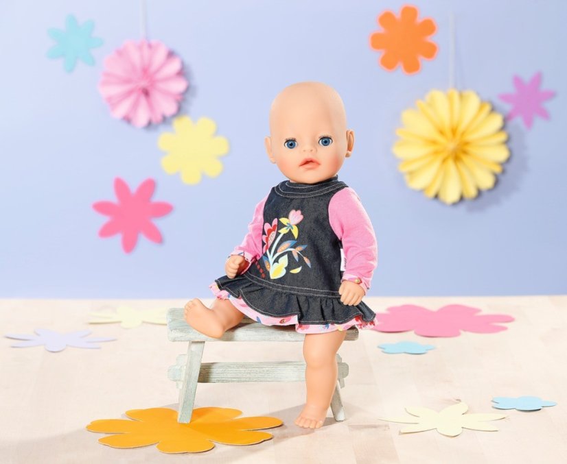Dolly Moda Džinsové šatočky s kytičkami, 36cm